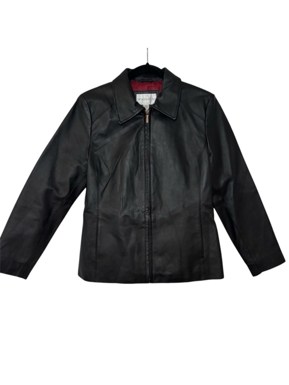 Worthington Women’s Black Genuine Leather Zip Jacket Red Lining Petite Medium